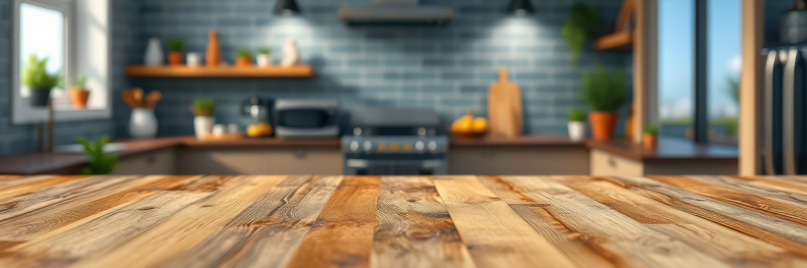 Warm and inviting kitchen interior with wooden countertop and modern appliances in bright natural light